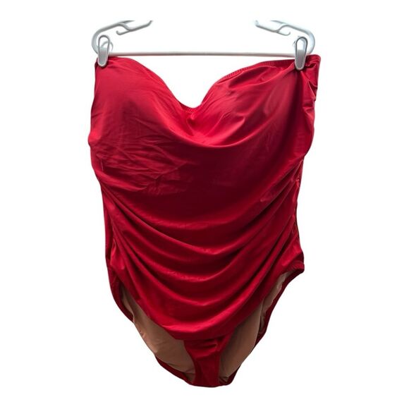 J. Crew Red Ruched Strapless One Piece Swimsuit Bathing Suit Size 24 - Picture 1 of 7